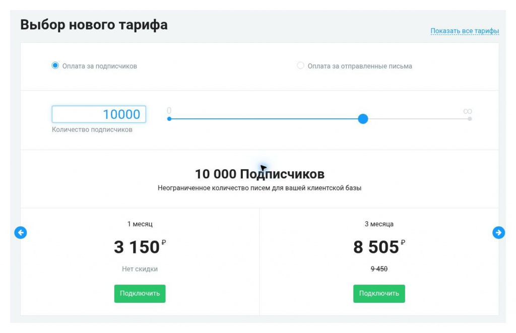 Выбор тарифа CogaSystem с оплатой за подписчиков на примере базы 10 000 адресов